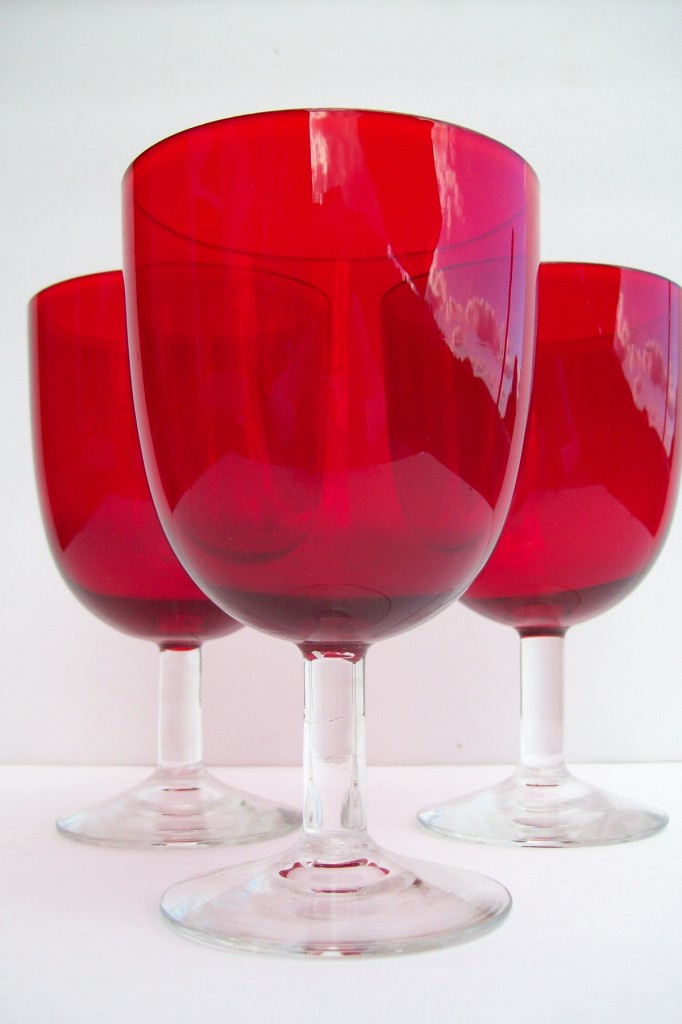 Red Glass Goblets Mouth Blown with Clear Stem