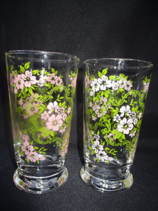 Pink Floral and Green Foliage on Clear Glass Tumblers