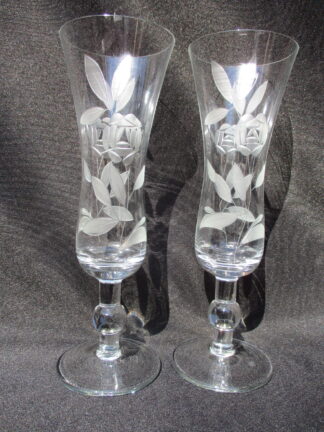Clear Glass Champagne Flutes with decorative etchings