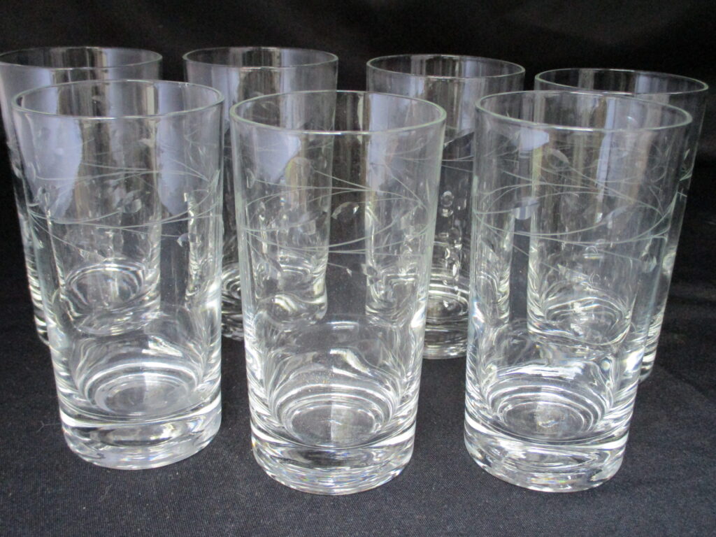 Gold Rim White Etched Leaf and Grapes Low Ball Glasses Set of 6-3 1/2 Tall 9oz.