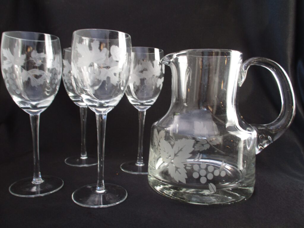 Clear Hand Blown Glass Pitcher set with etchings