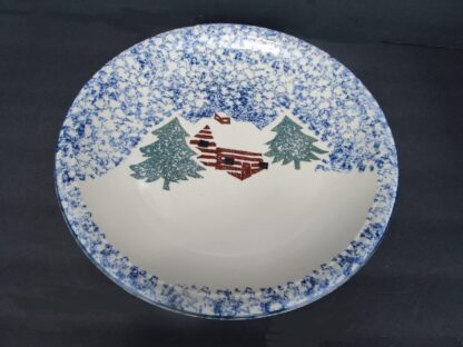 Cabin in the Snow blue stoneware Christmas set