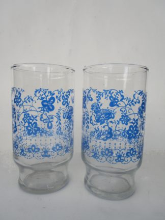Blue Enamel Floral Design Glass Tumbler Set