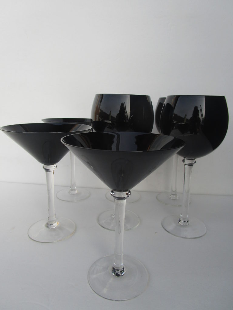 Black Wine Glass Set with Ring on Rim and Clear Stem