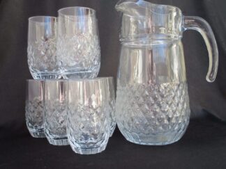 Pitcher and Glass Set Clear Diamond Cut Design Paneled Base