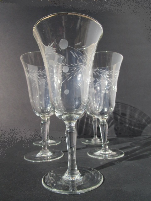 Tiffin Elegant Etched Water Goblet with Lilies on a Swag Stem 14179 
