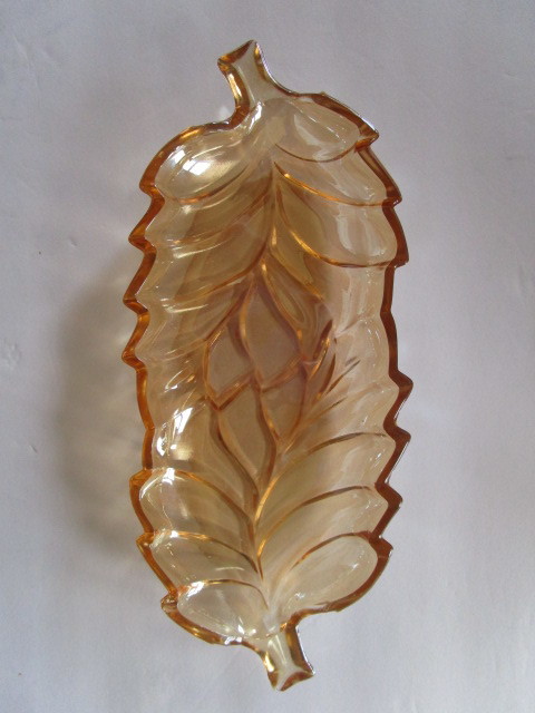 Peachy Amber Color Carnival Glass Double Leaf Tray