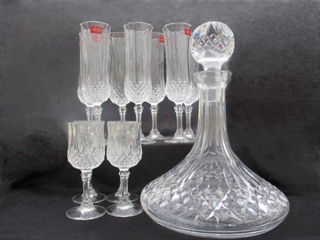 Champollion Pattern Clear Lead Crystal Decanter and Stemware