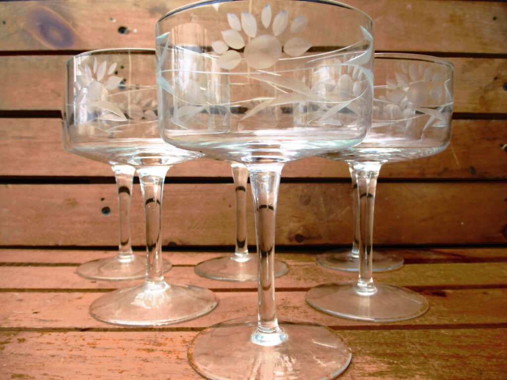 Six Clear Stemware Etched Vine & Floral Paneled Champagne High Sherbet Glasses 