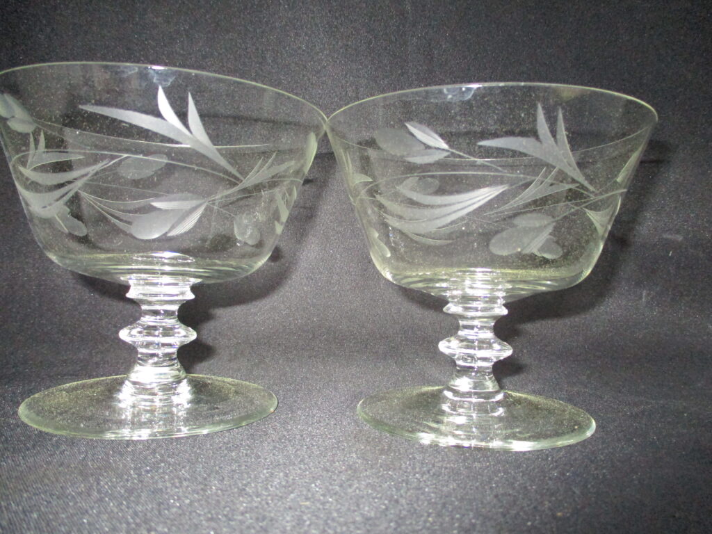 Wine glass or dessert cups with tulips and foliage etchings