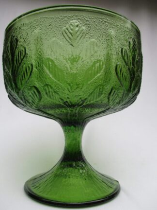 oak leaf embossed green glass pedestal compote candy dish