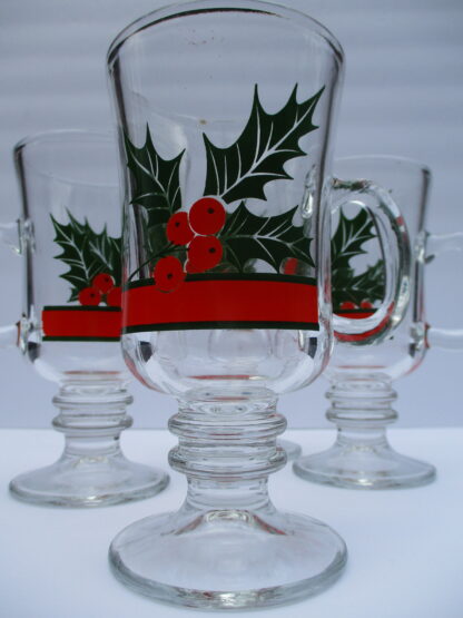 Holly Berry and Mistletoe Clear Glasses on a pedestal