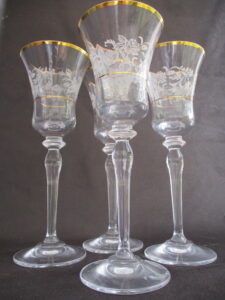 Tall Stemware Set With Gold Trim, Frosted Roses & Foliage