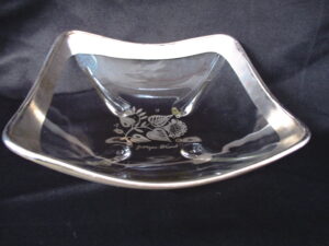 Georges Briard Sterling Silver Overlay Rim Crystal Bowl With Silver Botanical Embellishment & Signature On The Base With 4 Teardrop Shaped Glass Bead Footing