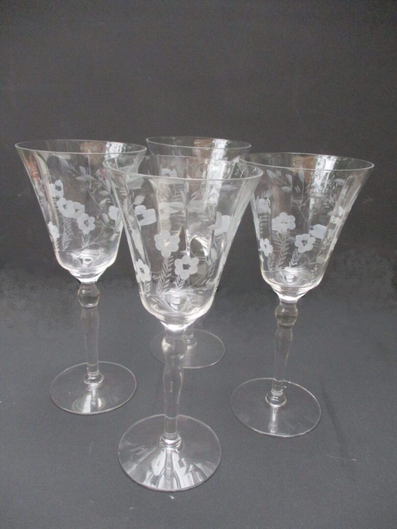 Bell-Shaped Wine Glass Set Features Etched Blossoms & Fronds